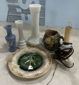 Milk Glass Vase, Majolica Style Plate, Cup, and Vases