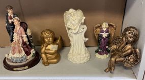 Resin Figural Meerchi Sculpture, Resin Angel,  Porcelain Angel, One Seated Ceramic Cherub, and One Plastic Cherub