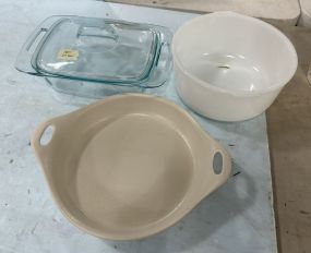 Glass Casserole, White Glass MIxing Bowl, and Pottery Bowl