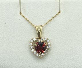 10k Gold Garnet Heart  + CZ 18&#34; Necklace