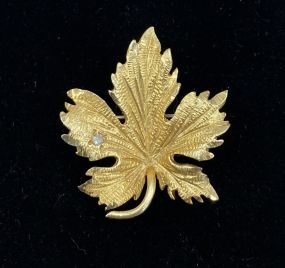 Vintage c.1950s "Wells" Solid 14k Gold Maple Leaf Brooch Pin + Diamond Accent