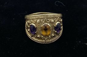 Ladies 14k Gold Amethyst + Citrine Ornate Cuff Ring SZ: 8.75