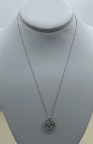 Ladies 14k White Gold 18" Genuine Baguette + Round Cut Diamond Heart Necklace