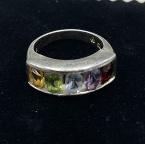 Ladies Sterling Silver Natural Gemstone Rainbow Color Spectrum Ring SZ: 6
