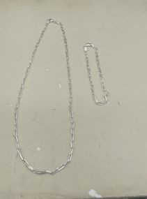 Ladies Matching 2pc Sterling Silver Paper Clip Chain Necklace + Bracelet Set