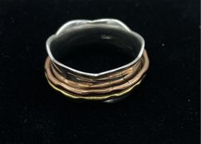 Ladies Solid Sterling Silver Rose + Yellow Gold Vermeil Scalloped Wide Cuff Spinner Ring SZ: 7