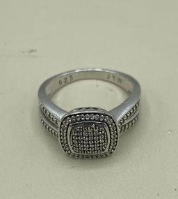 Classic Ladies Sterling Silver Genuine Diamond Cluster Cushion Ring SZ: 7