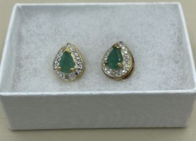 Ladies Sterling Silver Gold Vermeiled Pear Cut Natural Emerald Stud Earrings
