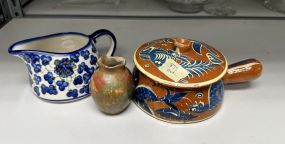 Mexico Pottery, Blue and White Creamer, and Vase