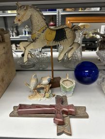 Horse Decor, Porcelain Birds, Pitcher, and Crosses