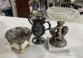 Figurine Compote, Silver Plate Cup, and Bowl