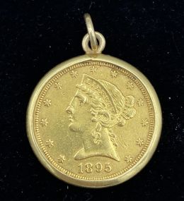 1895 United States $5 Gold Liberty Head Gold Coin + 14k Pendant Bezel