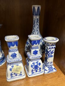 Blue and White Pottery Flower Vase and Candlesticks