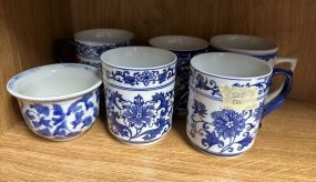 Blue and White Pottery Mugs and Small Planter