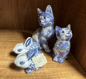 Blue and White Pottery Cat and Rabbit Figurines