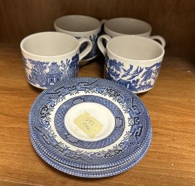Four Church Blue Willow Cups and Saucers