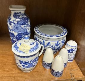 Blue and White Pottery Flower Vase, Planter, Shakers