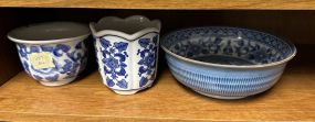 Blue and White Pottery Round Bowl, and Small Vases