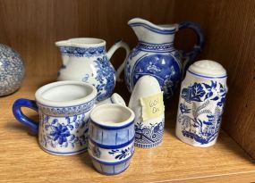 Blue and White Pottery Pitchers, Shakers, and Toothpick Holder