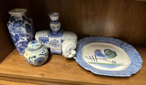 Blue and White Rooster Plate, Elephant Candlestick, Vases