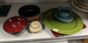 Ceramics Serving Plate, Bowls, and Straw basket