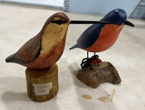 Signed Wood Carved Woodcock and Blue Sculptures