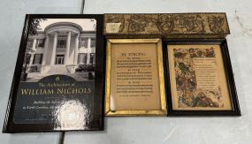 Book, Framed Prints, and Metal Tin
