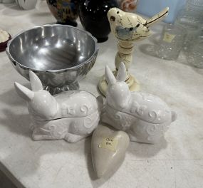 Center Compote, Bird, Ceramic Rabbit Containers, and Heart