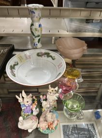 Porcelain Asian Bowl, Candlestick, Rabbit Figurines
