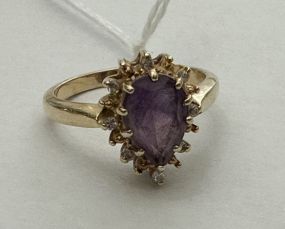 14K Gold Amethyst Diamond Halo Ring Size: 7.25