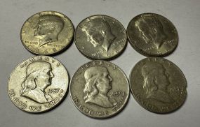 3 Kennedy and 3 Franklin Half Dollars