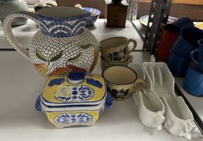 Group of Pottery Pitcher, Dish, and Cups