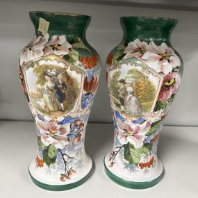 Pair of Antique Hand Painted Glass Victorian Style Vases