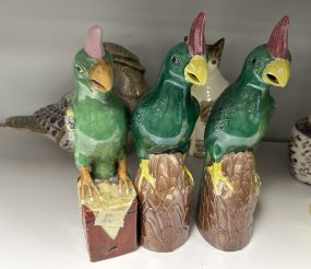 Three Chinese Famille Verte style Porcelain Cockerel Parrots Phoenix