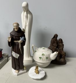Group of Religious Figurines, and Porcelain Mini Tea Pot