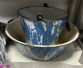 Blue and white Enamel Ware Bucket and Wash Bowl