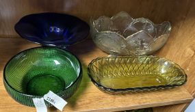 1940s Green Lattice Dish, Emerald Green Pleated Bowl, Jeanette Footed Serving Bowl, Blue Compote