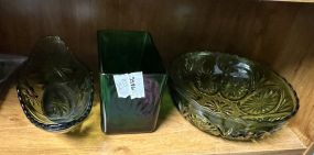 Green Emerald Napco Vase, Green Anchor Hocking Bowl and Banana Dish