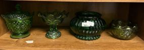 Fenton Emerald Green Hobnail Covered Bowl, L.E. Smith Moon and Stars Compote, ALR Co Emerald Green Bowl, ndiana Glass Green Duette Quilted Diamond Rose Bowl