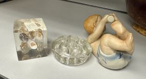 Cube of Pennies, Flower Glass Frog and Ceramic Figurine