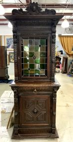 94h, 35"w. 23"d  Belgian Gothic Style Carved Oak and Stained Glass Cupboard