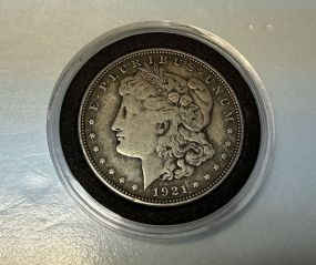 1921 Morgan Silver Dollar, plastic case, fine