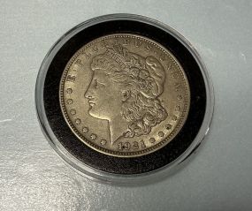1921 Morgan Silver Dollar, plastic case, fine