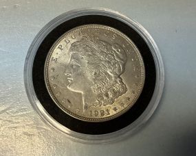 1921 Morgan Silver Dollar, plastic case, fine