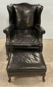 VTG Black Leather Wing Back Chair and Ottoman