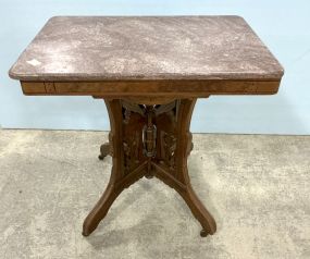 Eastlake Victorian Walnut Marble Parlor Table 30"h., 30"w
