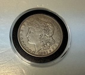 1921 Morgan Silver Dollar, plastic case, fine