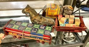 VTG Pull Toy Elephant, Horse Carriage, and Wood Blocks