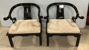 Pair of Black Lacquer and Linen Asian Style Lounge Chairs