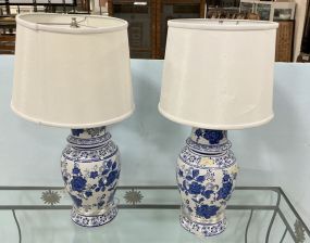 Pair of Blue and White Ceramic Ginger Jar Lamps 28h